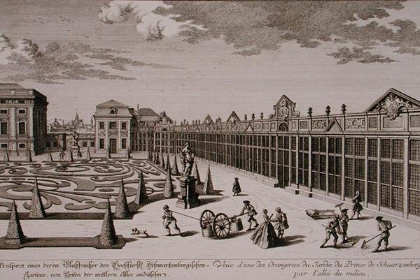 Utsikt over et av orangeriene i hagen til prinsen av Schwarzenberg, Wien, gravert av Georg-Daniel Heumann (1691-1759), publisert ca. 1724-37 (gravering) (se også 170855) av Salomon (after) Kleiner