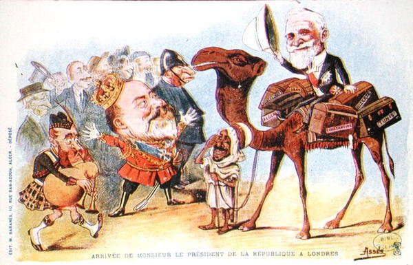 Karikatur av ankomsten av den franske republikkens president, Emile Loubet (1838-1929) i London i 1903 (farge litho) av Salomon Assus