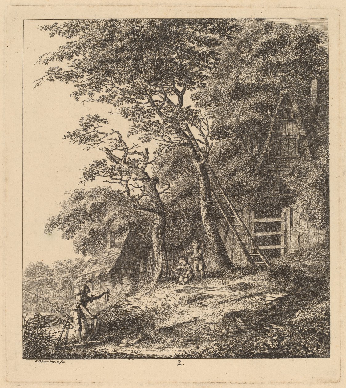 En fisker og to barn i et landskap med hytter med stråtak, 1764. av Salomon Gessner