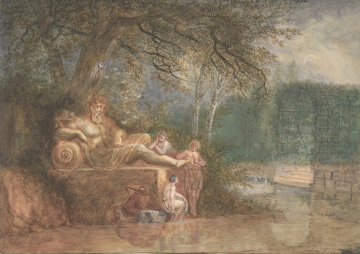 En park med figurer ved en statue nær vann, 1775. av Salomon Gessner