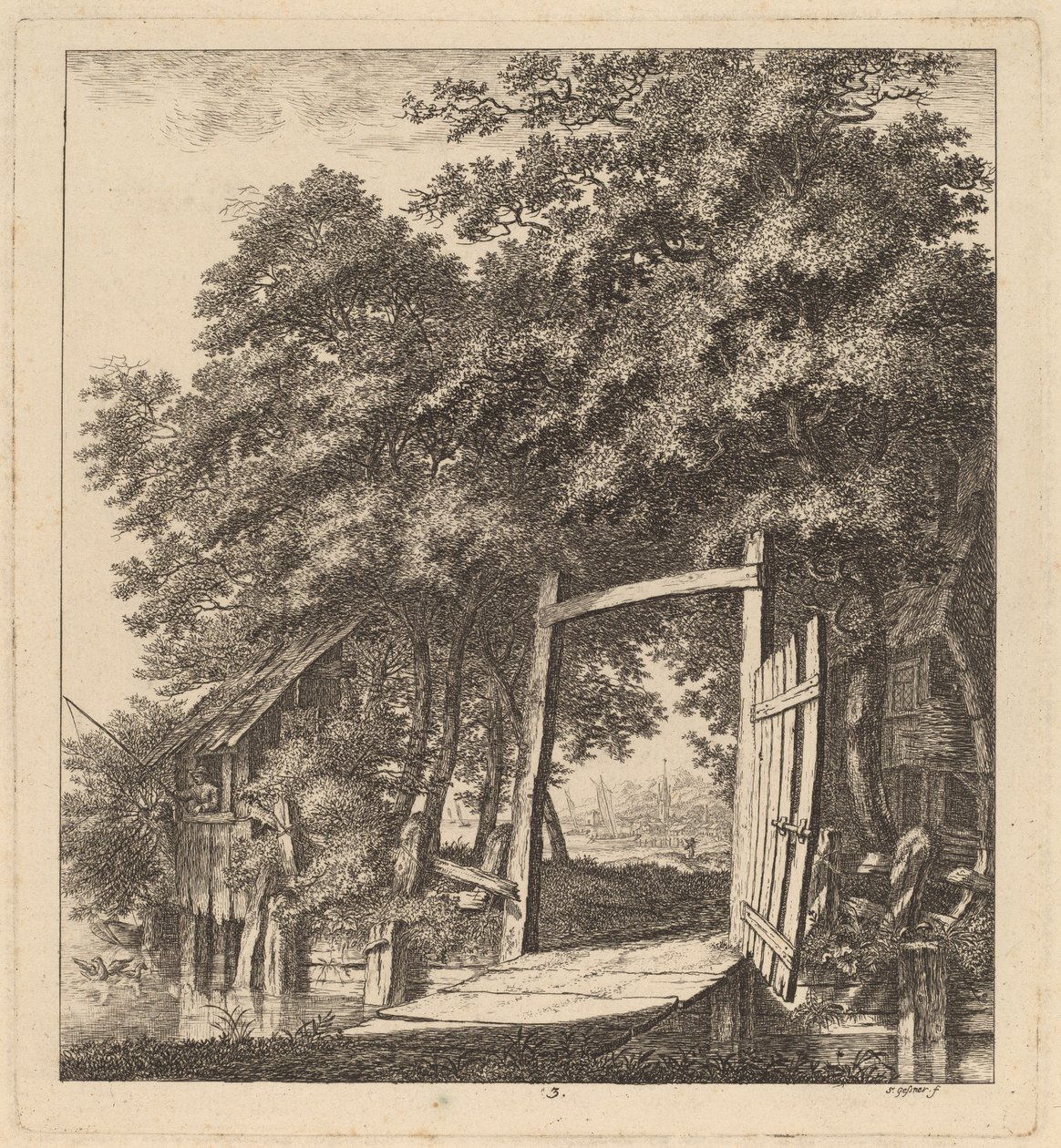 En rustikk port ved siden av en innsjø av Salomon Gessner