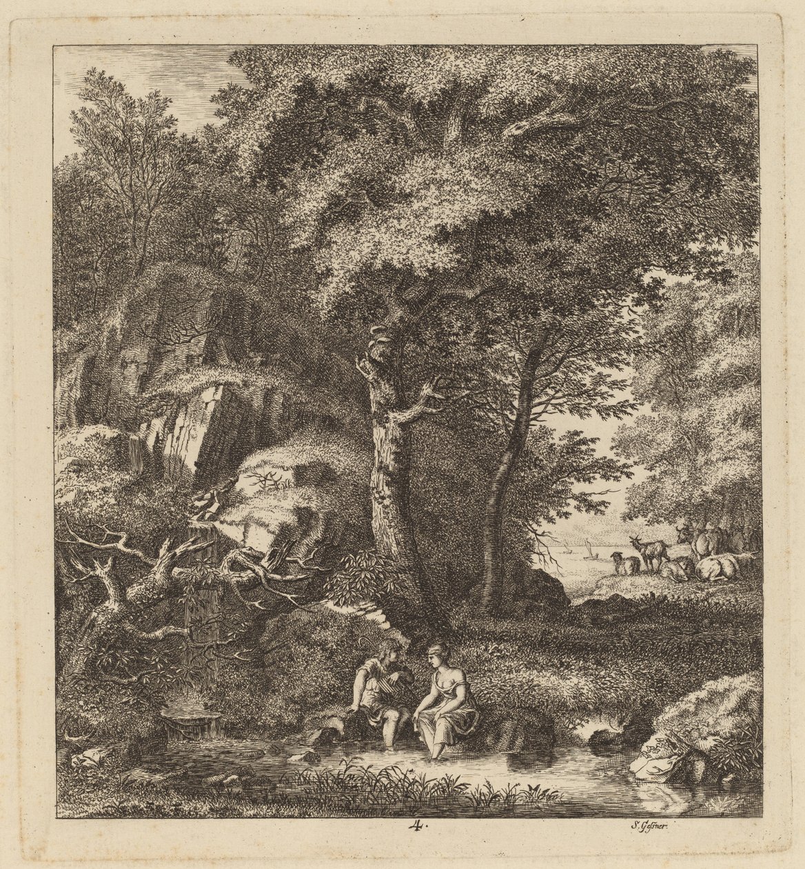En hyrde og en ung kvinne med føttene i en bekk, 1764. av Salomon Gessner