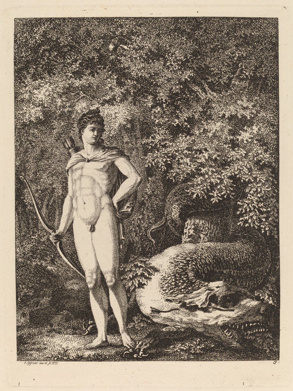 Apollo med bue og drage av Salomon Gessner