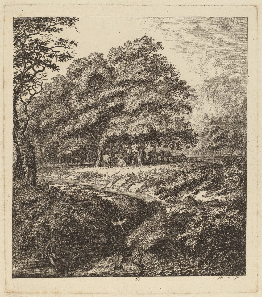 Storfe hviler i en lund med en mann som sitter ved siden av en bekk, 1764. av Salomon Gessner