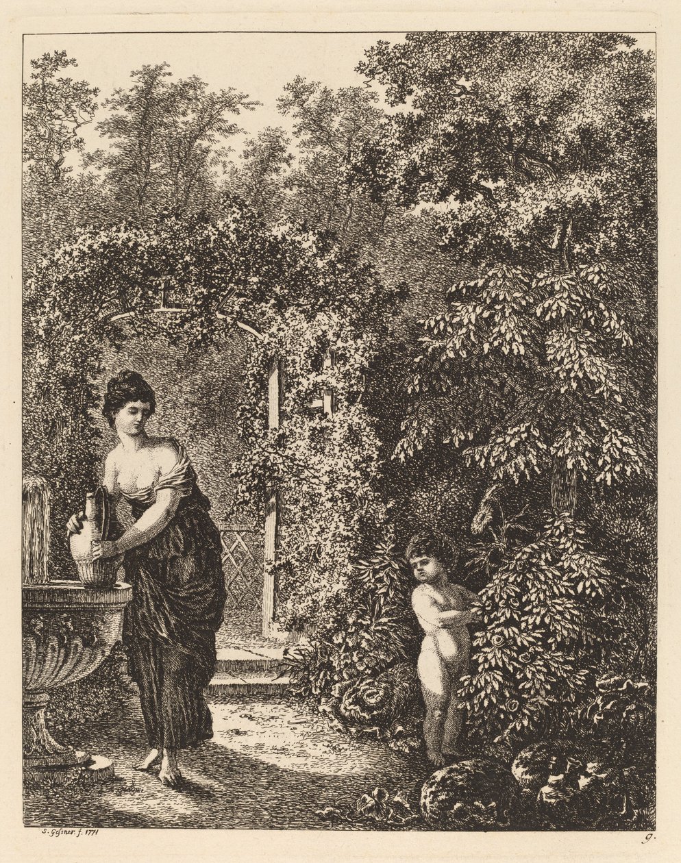 Putto besøker en jente ved en fontene, 1771. av Salomon Gessner