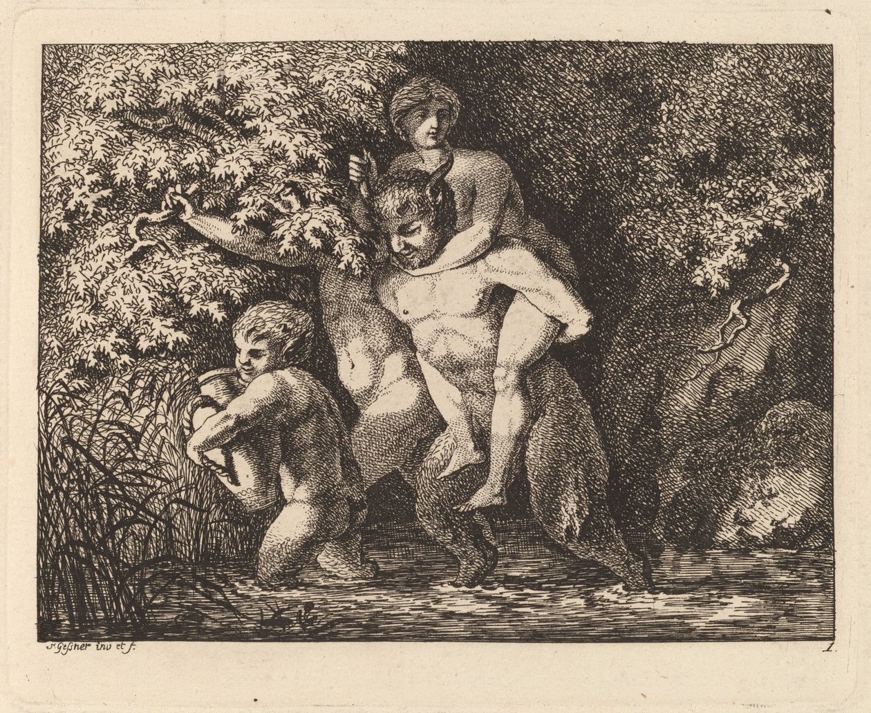 Satyr som bærer en nymfe på ryggen av Salomon Gessner