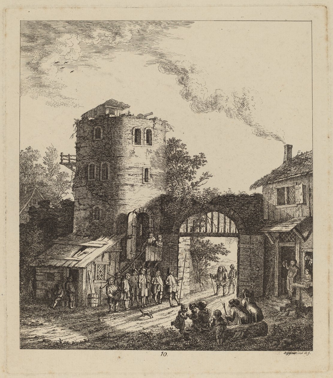 Landsbyboere ved en byport som hilser på en dignitær av Salomon Gessner