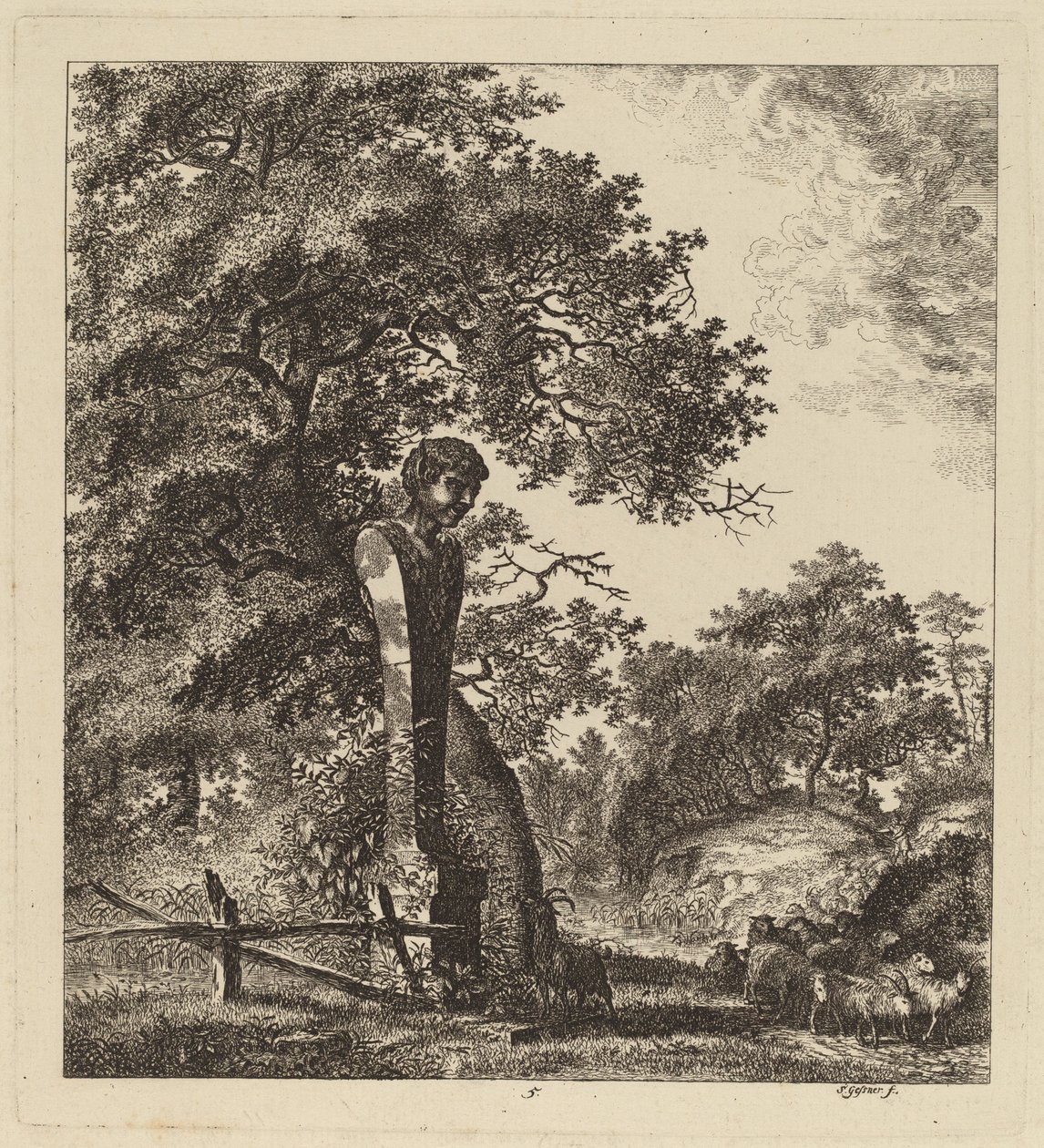 Skoglandskap med en flokk geiter og en herm av Salomon Gessner