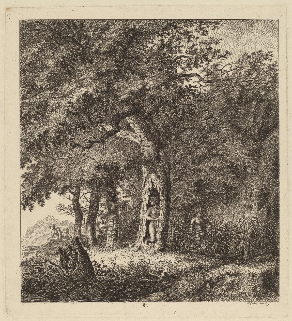 Skoglandskap med en nymfe og en satyr, 1764. av Salomon Gessner