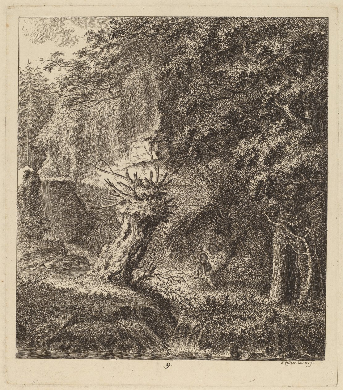 Skogkledd landskap med et pollardet tre, 1764. av Salomon Gessner