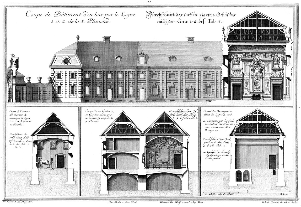 Tre tverrsnitt gjennom det nedre slottet, tverrsnitt gjennom stallen for de personlige hestene av Salomon Kleiner