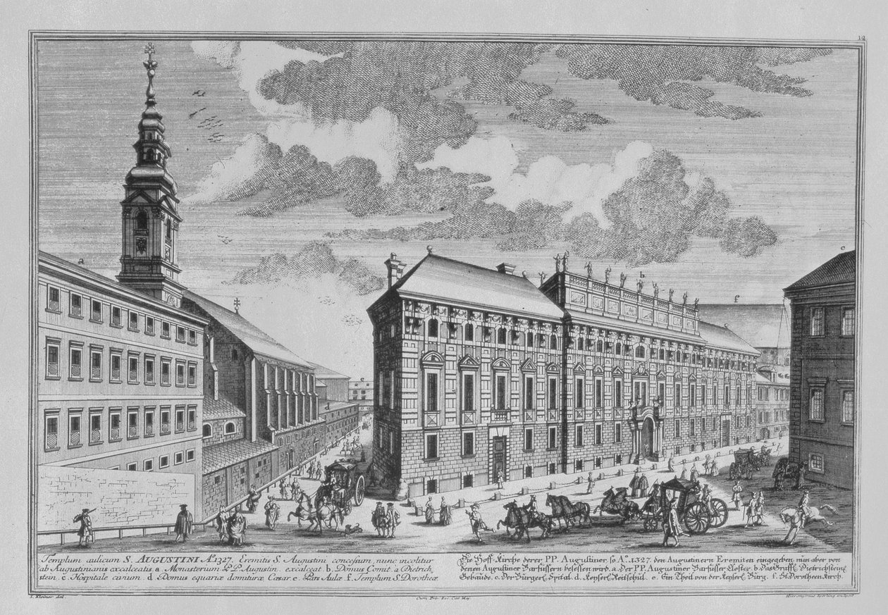 Utsikt over Dorotheergasse som viser Stallburg og klosterkirken Dorotheum gravert av Hieronymous Sperling (1695-1777) av Salomon Kleiner