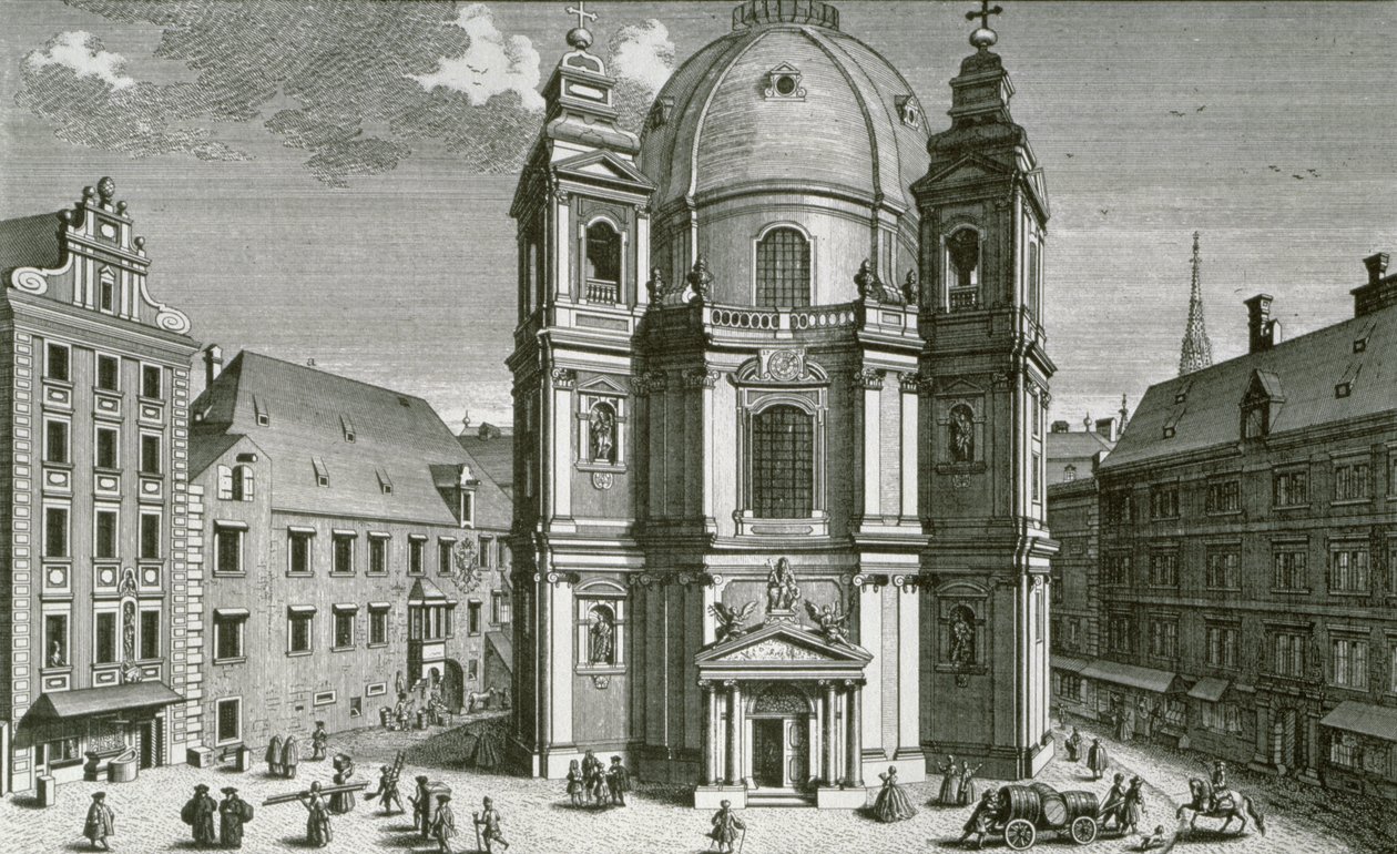 Utsikt over Peterskirche, Wien, gravert av Johann Bernard Hattinger av Salomon Kleiner