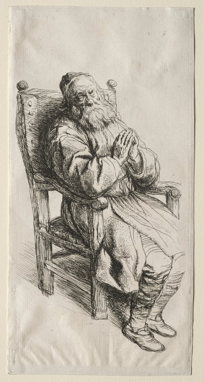 En gammel mann i en stol og ber. av Salomon Koninck