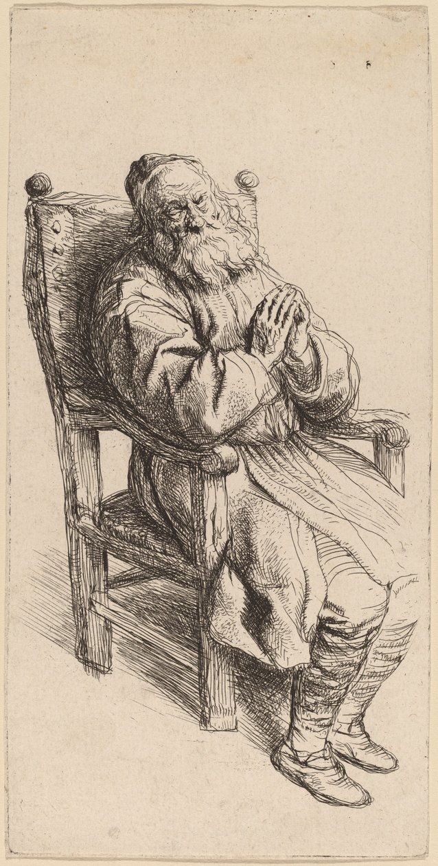 Gammel mann som sover i en lenestol av Salomon Koninck