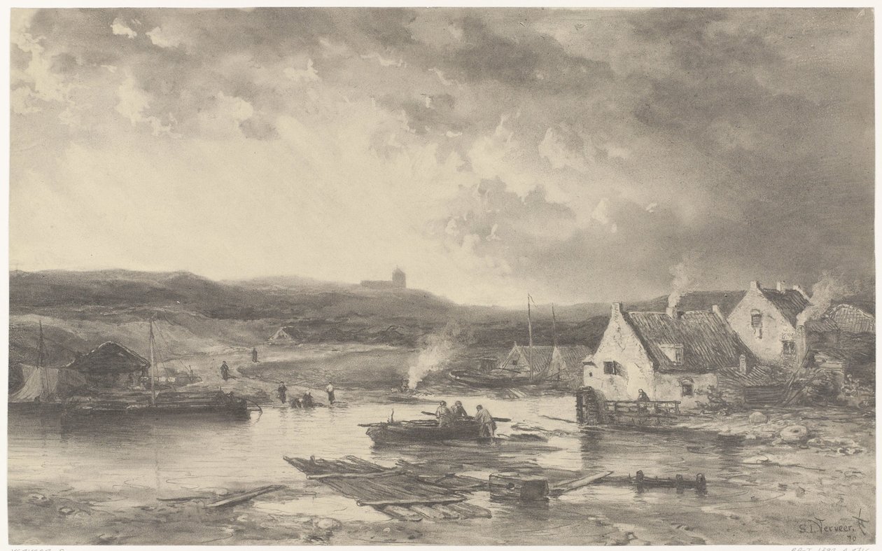 Elvelandskap med noen hus og en vannmølle av Salomon Leonardus Verveer