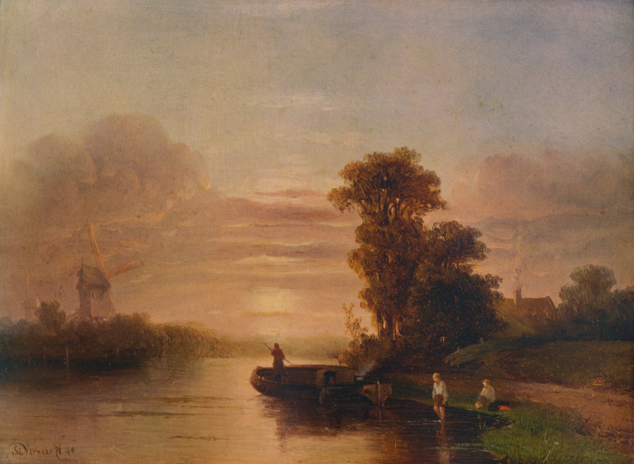 Solnedgang på en elv, med vindmølle og hytte, 1848, 1938 av Salomon Leonardus Verveer