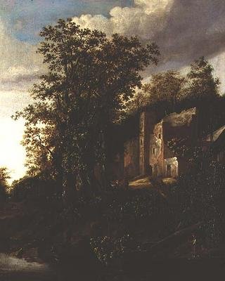 Et skogkledd elvelandskap med bønder ved en ødelagt herregård av Salomon Rombouts