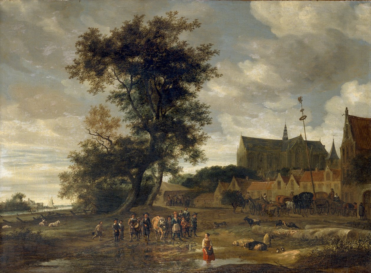 Scene foran en majstang med Alkmaar-kirken i bakgrunnen, 1669 av Salomon Ruysdael