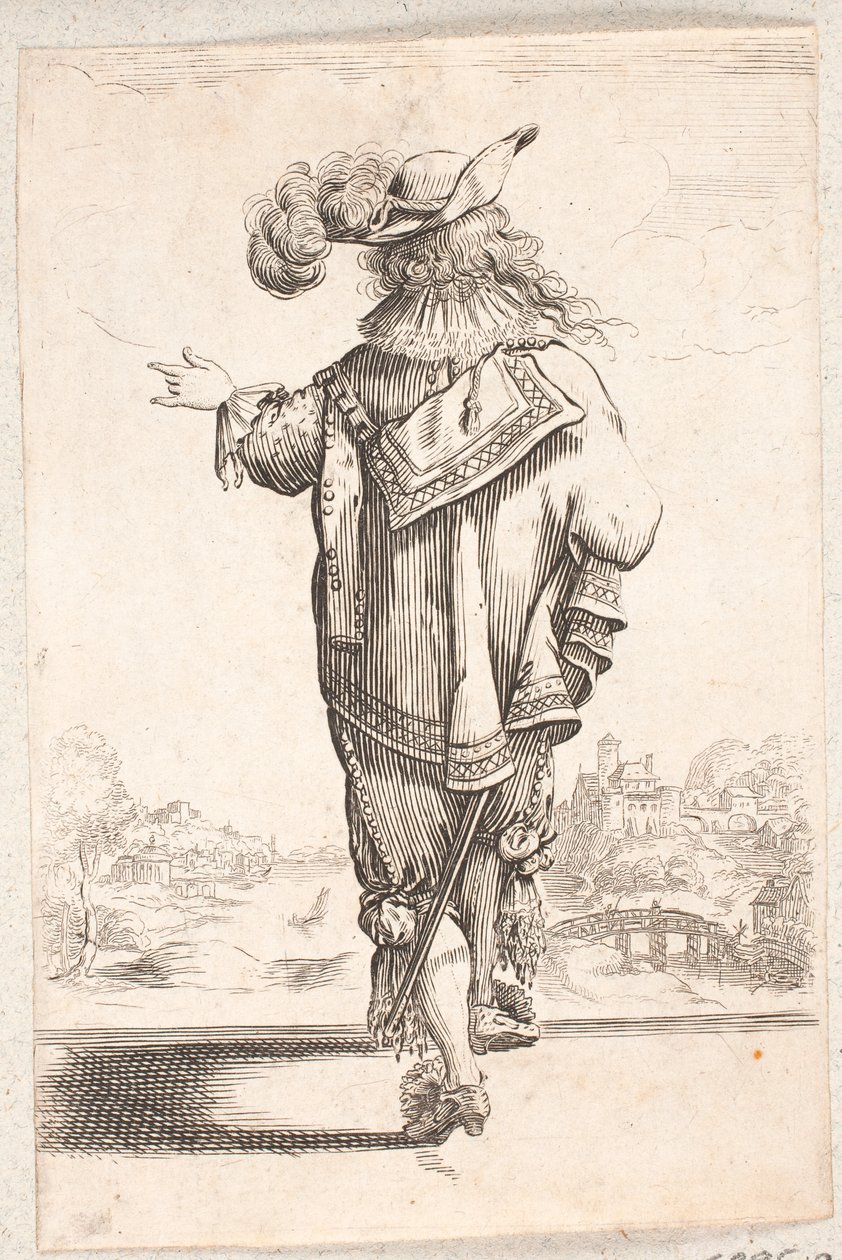 Vandrende, bakovervendt mann med fjærkledd lue, gestikulerer med høyre hånd. I bakgrunnen en by ved en elv av Salomon Savery