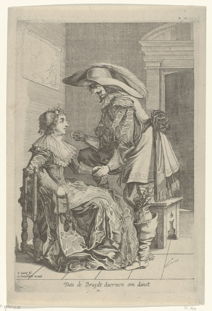 Mann tilbyr en kvinne en mynt Dats de Bruydt daermen om danst (tittel på objekt) av Salomon Savery