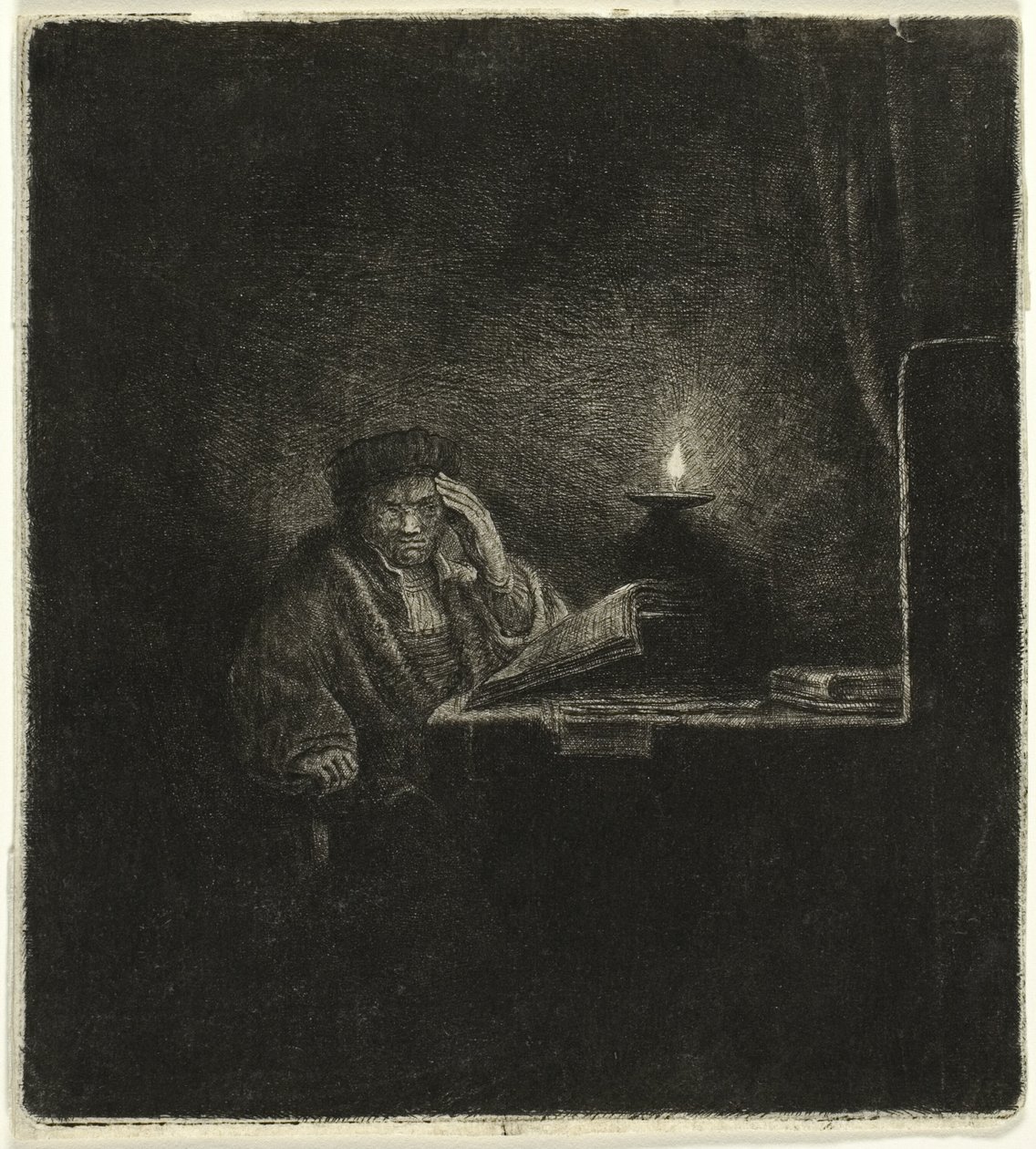 Student ved et bord ved levende lys av Salomon Savery