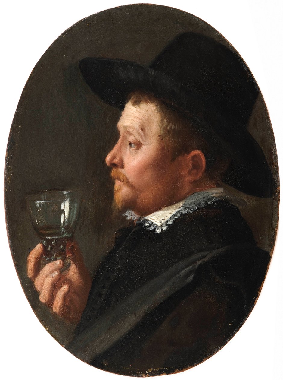 ""Portrett av en mann som holder et Roemer-glass"" (Man Holding A Roemer) Maleri av Salomon de Bray (1597-1664) Olje på kobber av Salomon de Bray