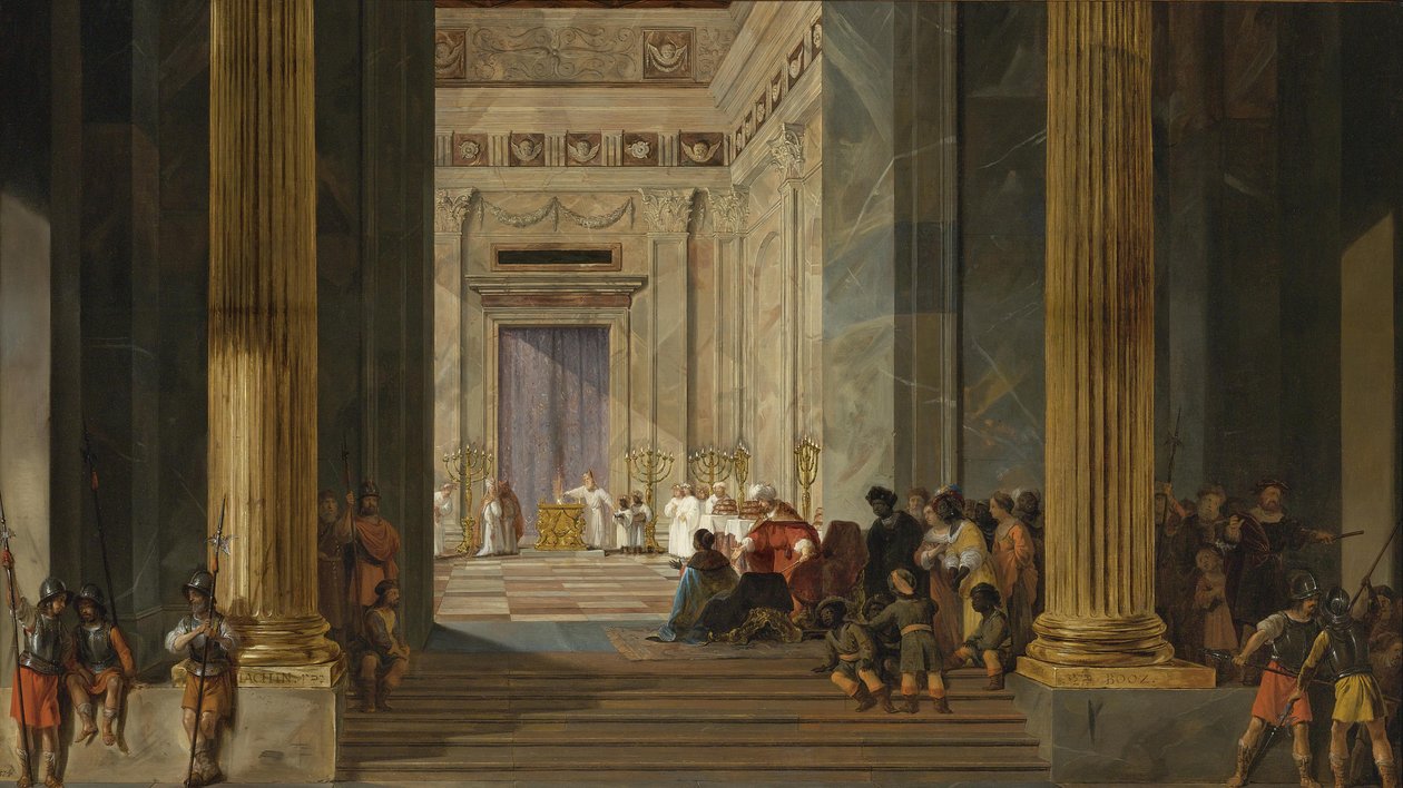 Dronningen av Saba foran kong Salomos tempel i Jerusalem, ca 1630-1634 av Salomon de Bray