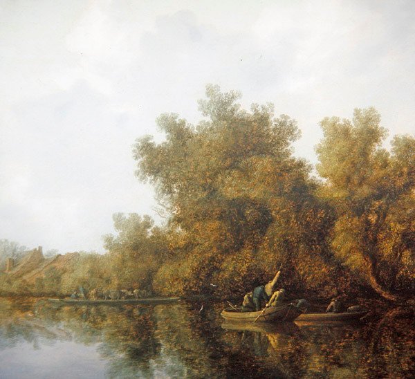 Et elvelandskap med fiskere i robåter som løfter en fangst (olje på panel) av Salomon van Ruisdael or Ruysdael