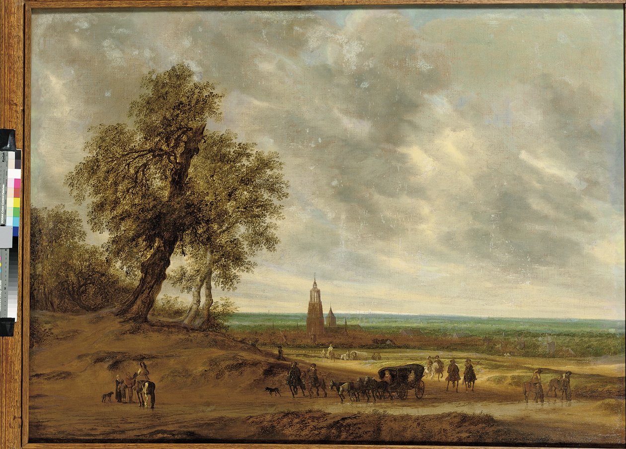 Et panoramisk landskap med reisende på en sti, byen Amersfoort utenfor, 1634 av Salomon van Ruisdael or Ruysdael