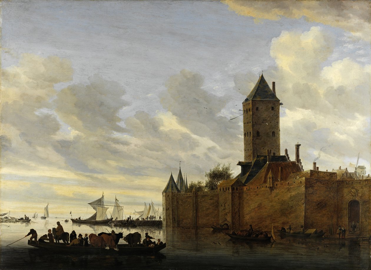 Elvemunning med befestet by av Salomon van Ruisdael or Ruysdael