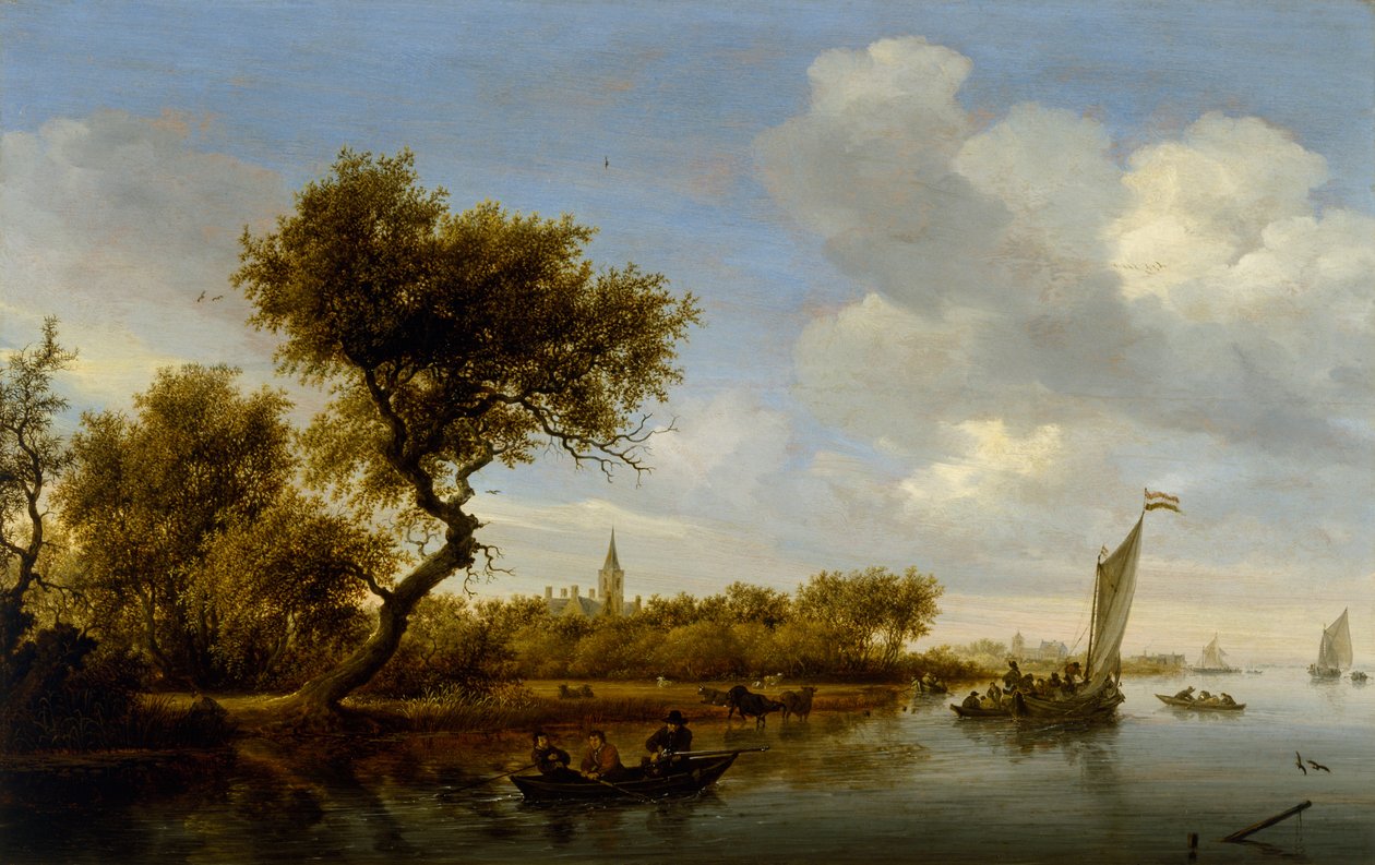 Elvelandskap med en kirke i det fjerne, ca. 1655-1660 (olje på tre) av Salomon van Ruisdael or Ruysdael
