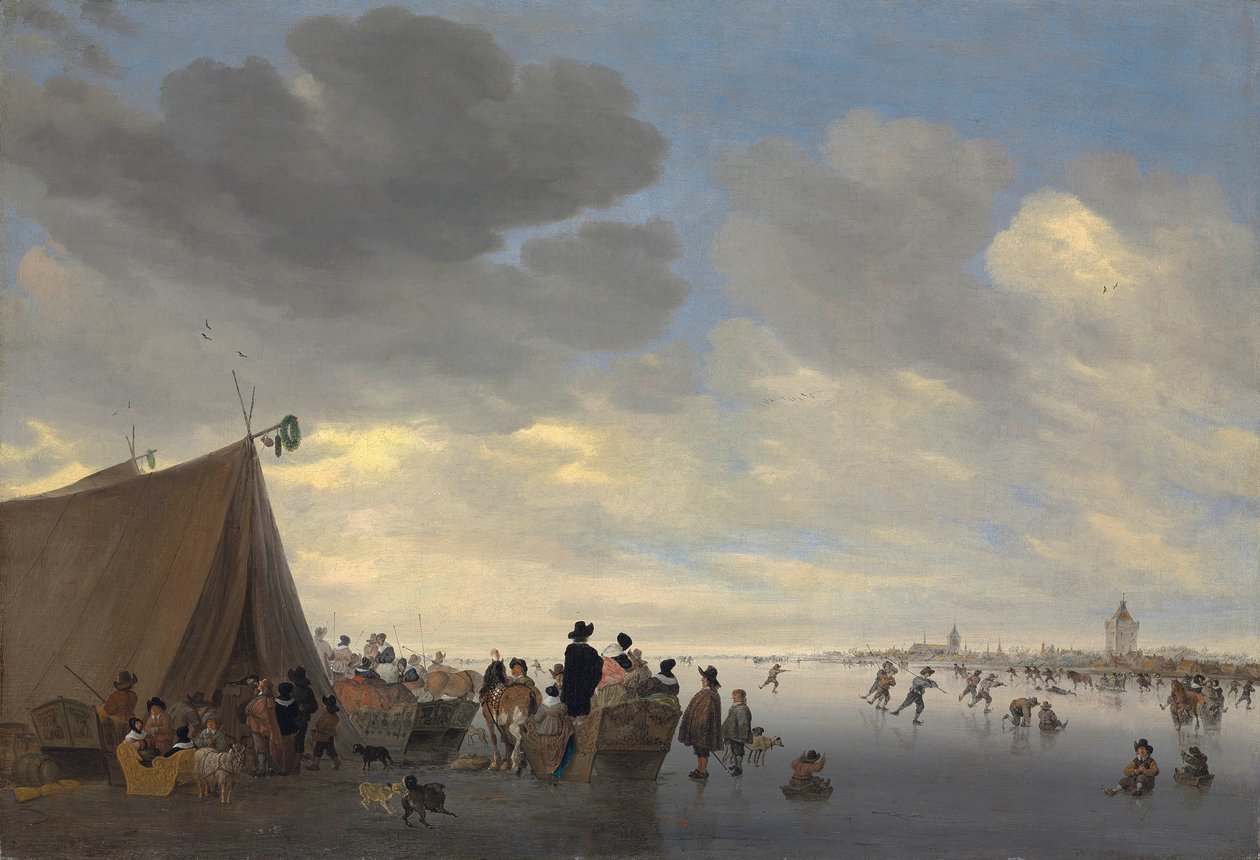 Skatere på den frosne elven Lek, byen Vianen utenfor, 1653 av Salomon van Ruisdael or Ruysdael