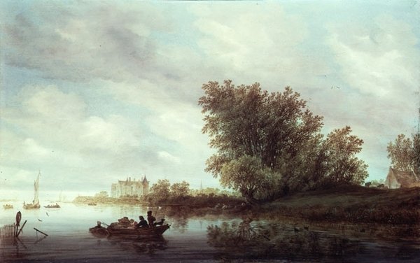 Skogkledd elvelandskap med et slott (olje på panel) av Salomon van Ruisdael or Ruysdael