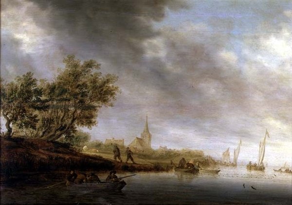 Skogkledd elvelandskap med lektere av Salomon van Ruisdael or Ruysdael