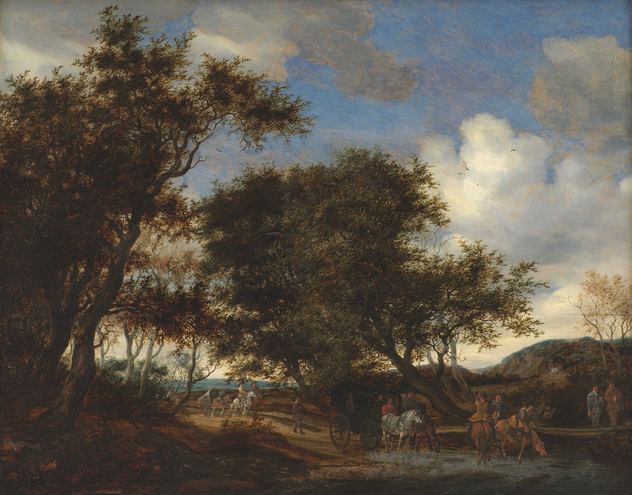 Landskap med reisende som vanner hestene sine av Salomon van Ruysdael