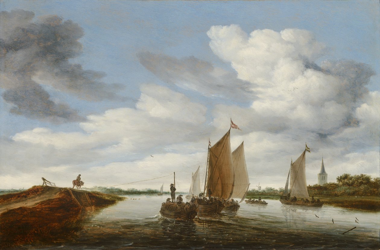 Elvelandskap med seilbåter og en hestetrukket lekter av Salomon van Ruysdael