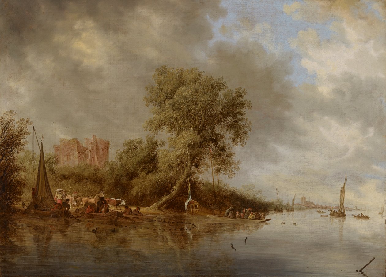 Elvelandskap med ruinene av Egmond slott av Salomon van Ruysdael