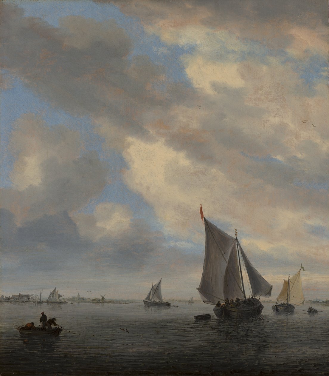 Utsikt over en innsjø med seilskip av Salomon van Ruysdael