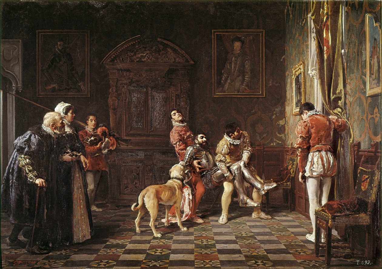 "" Return of the tournament "" En ung ridder gjør vondt blir brakt tilbake til palasset, støttet av to sider. Maleri av Salvador Martinez Cubells (1845-1914) 1881 Valencia. Museum of Bellas Artes San Pio av Salvador Martinez Cubells