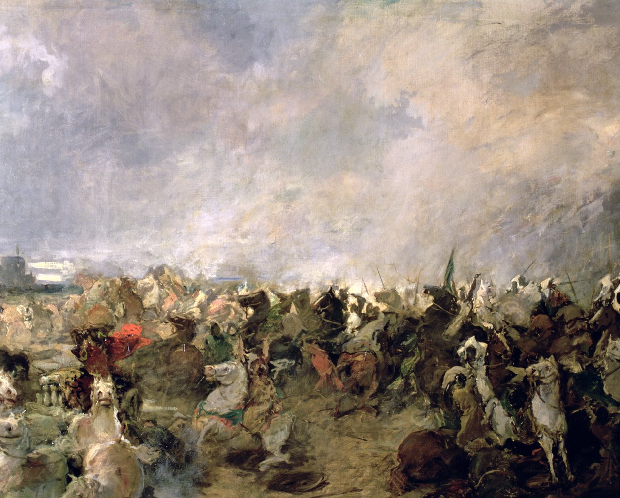 Slaget ved Guadalete detalj om goternes flukt fra kommandoen til kong Roderic i nærvær av det muslimske kavaleriet til Tarik Ibn Ziyad, 711 AD (olje på lerret) (detalj) av Salvador Martinez Cubells