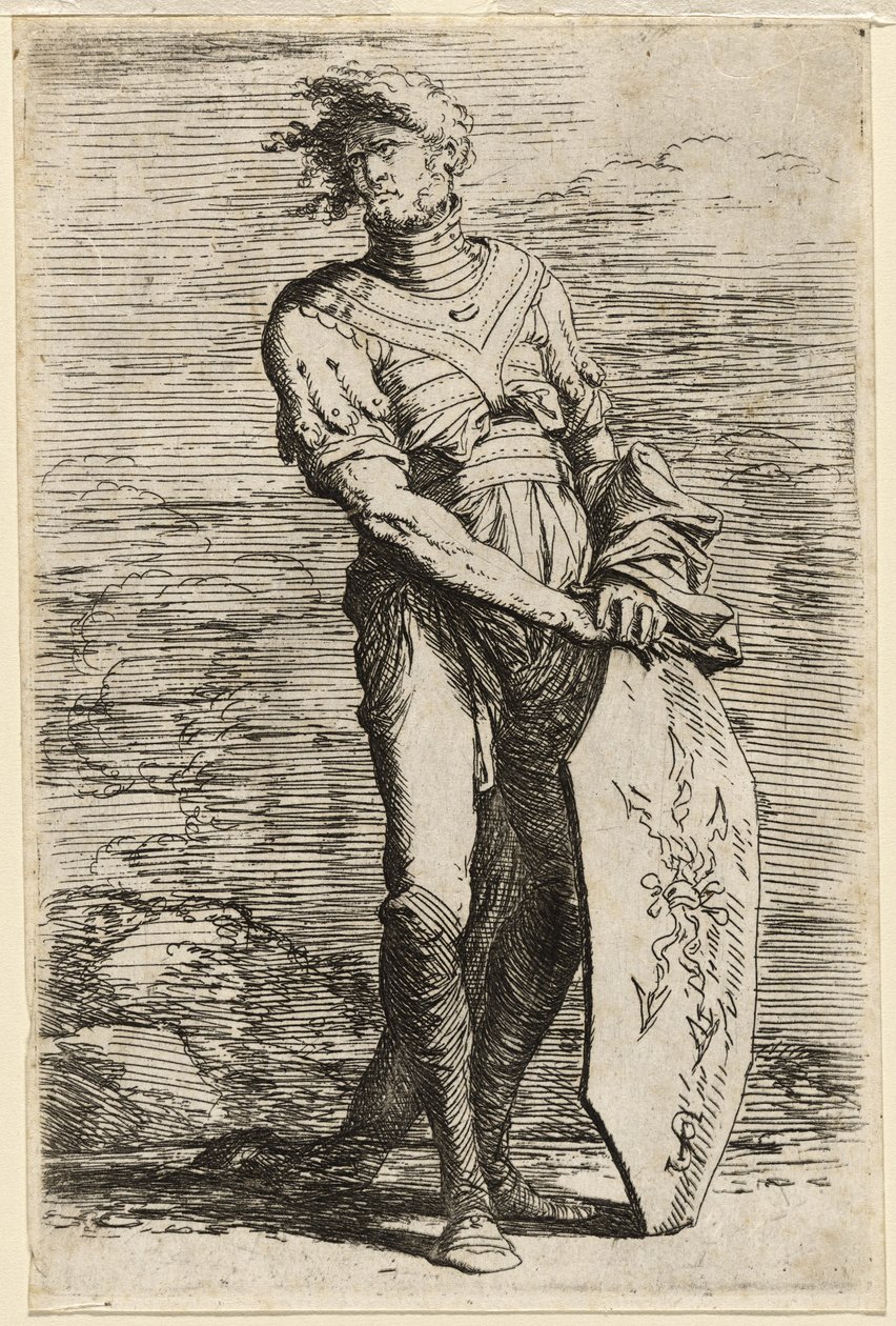 En stående kriger som holder et langstrakt åttekantet skjold, ca. 1656-57 (etsing på lagt papir) av Salvator Rosa