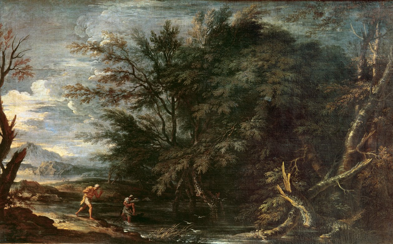 Landskap med Mercury and the Dishonest Woodman, ca. 1650 av Salvator Rosa