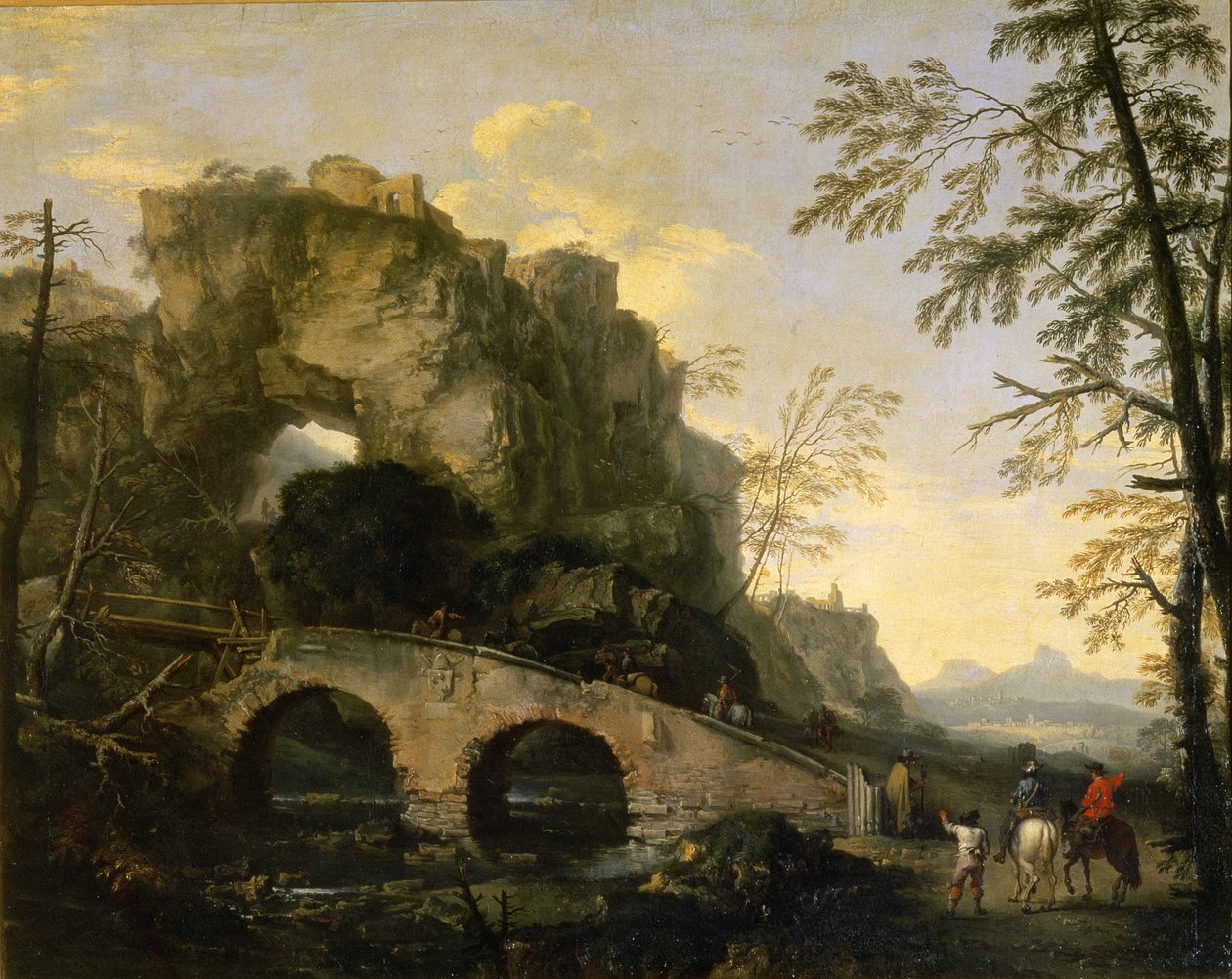 Landskap med en falleferdig bro av Salvator Rosa