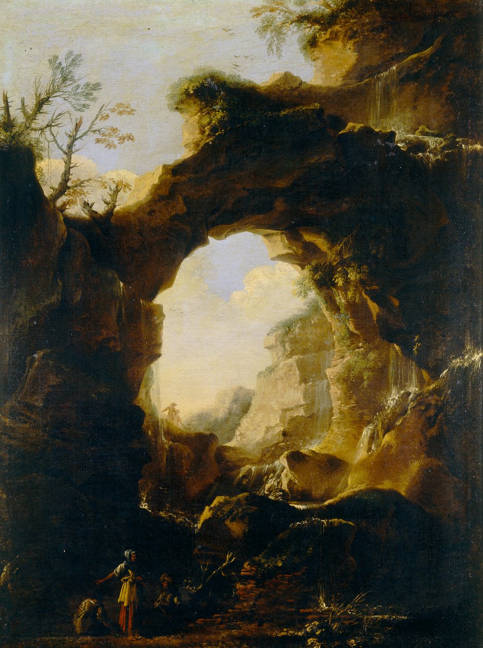 Landskap med bue og fossefall av Salvator Rosa
