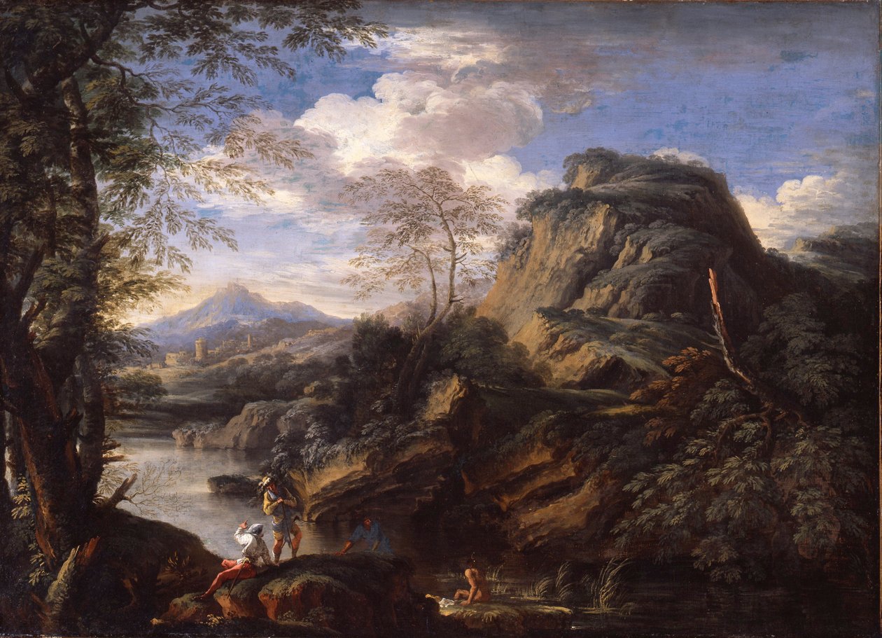 Fjelllandskap med figurer og en mann som bader av Salvator Rosa