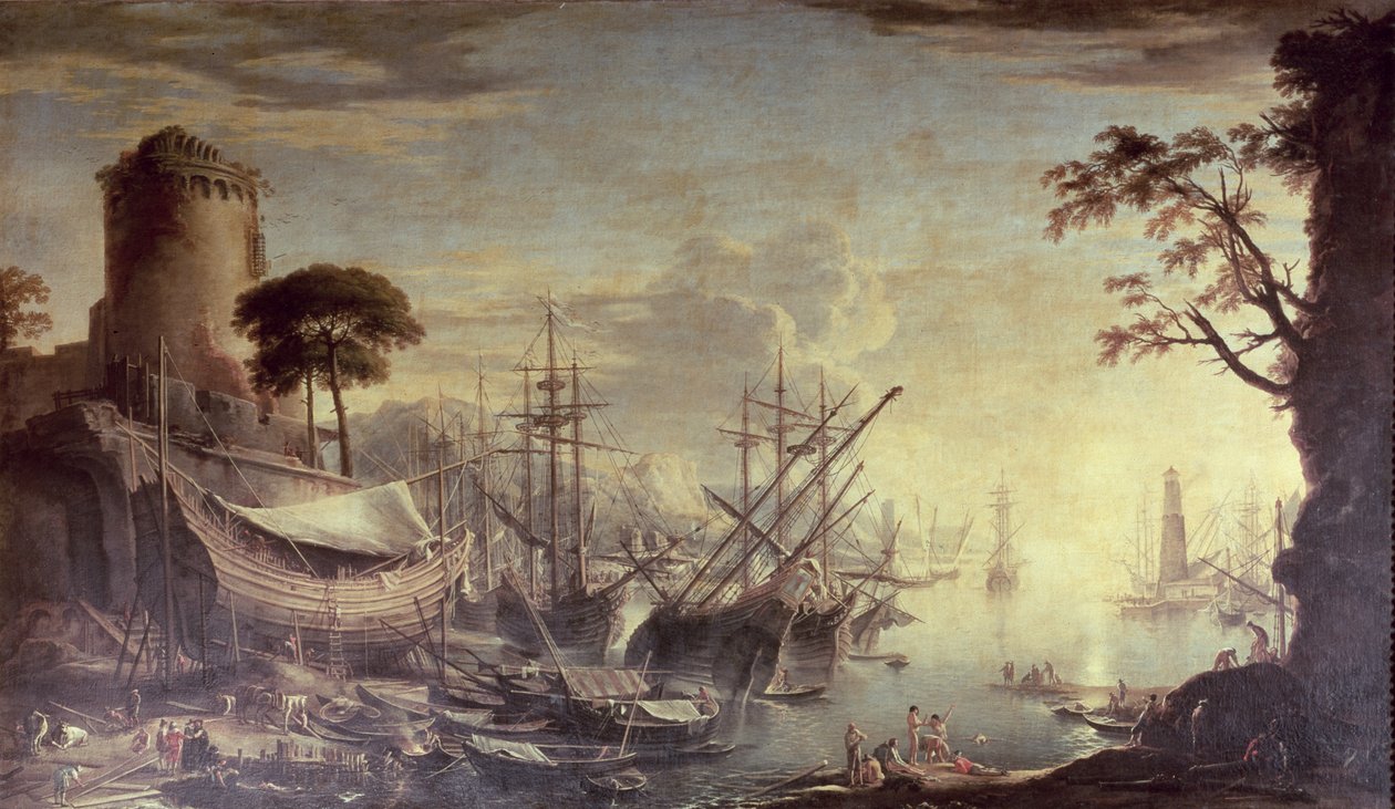 Havn ved solnedgang av Salvator Rosa
