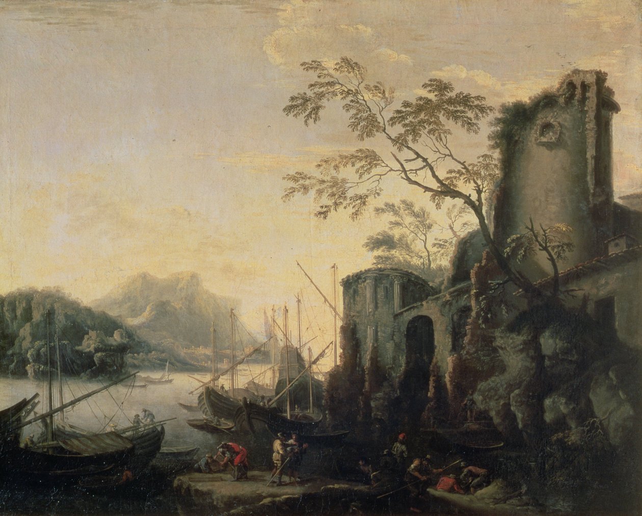 Elvelandskap med båter og ruiner av Salvator Rosa
