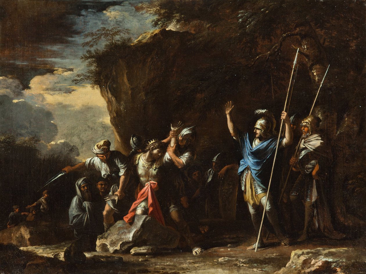 Scene fra gresk historie- Den døve-stumme sønnen til kong Croesus forhindrer perserne i å drepe hans f ... av Salvator Rosa