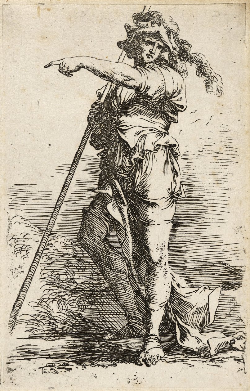 Stående kriger, holder en lang stav over skulderen og peker, ca. 1656-57 (etsing med tørrpunkt på lagt papir) av Salvator Rosa